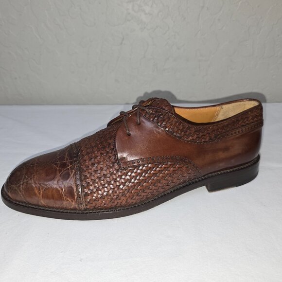Mezlan Salinas Brown Woven Leather & Crocodile Cap Toe Oxfords Men's Size 10 M - Picture 2 of 10